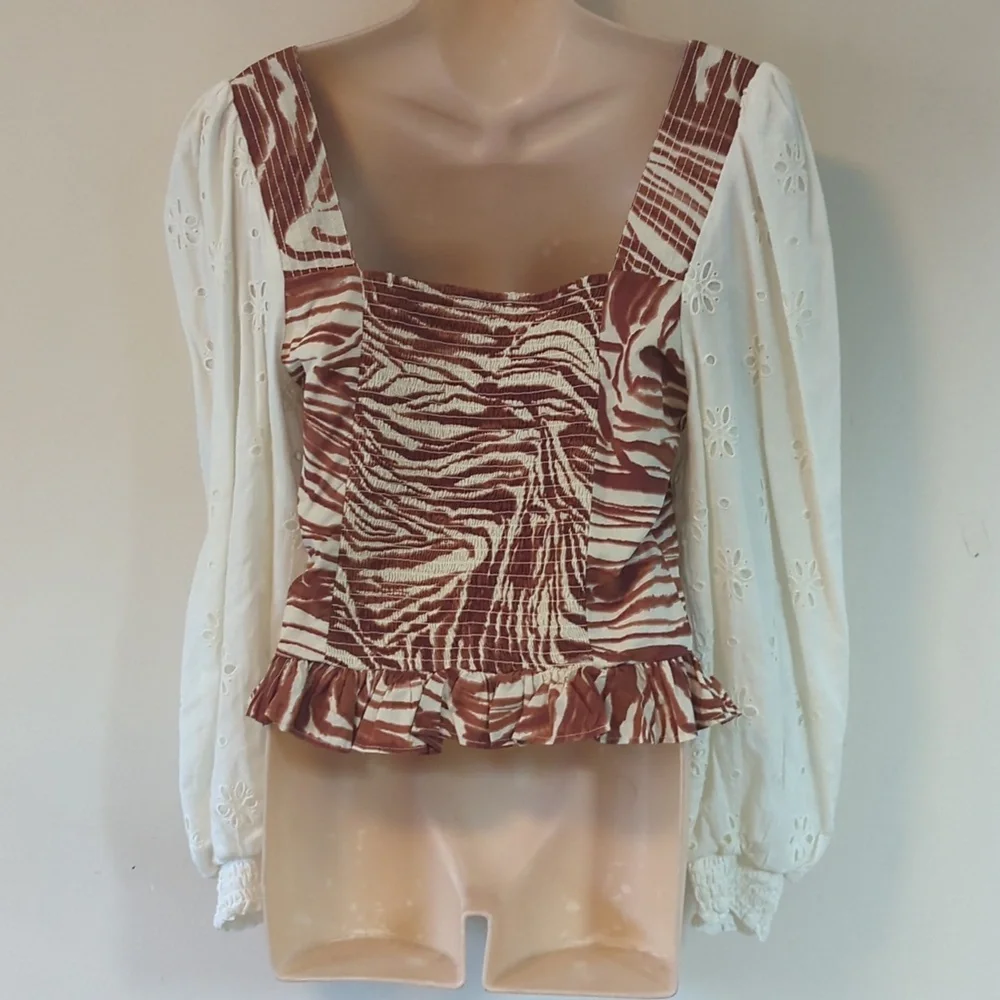 Anthropologie Love the Label Smocked Puff-Sleeve Blouse M